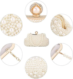 UBORSE Women Pearl Clutch Bag Noble Crystal Beaded Evening Bag Wedding Clutch with Pearl Chain